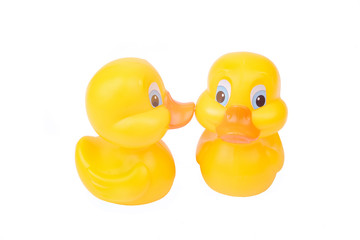 Plastic yellow duck toy isolated on white background