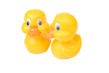 Plastic yellow duck toy isolated on white background