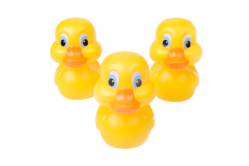 Plastic yellow duck toy isolated on white background