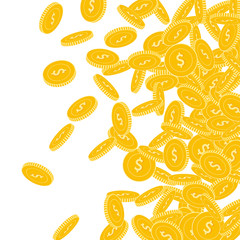 American dollar coins falling. Scattered big USD c