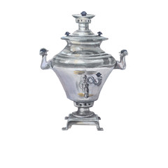 Russian samovar with chocolate candy in golden candy wrappers. Isolated on white background. Tea drinking in the Russian style, watercolor illustration.