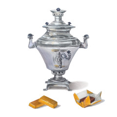 Russian samovar with chocolate candy in golden candy wrappers. Isolated on white background. Tea drinking in the Russian style, watercolor illustration.