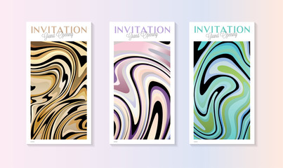 Invitation card template with bright colorful fluid paint waves, abstract marble texture