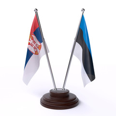 Serbia and Estonia, two table flags isolated on white background. 3d image