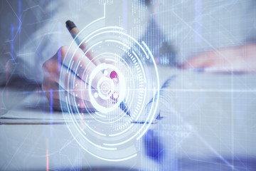 Multi exposure of woman's writing hand on background with data technology hologram. Concept of innovation.