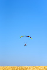 Powered paraglider parachute against blue sky and yellow field. Paramotor  flying in sunny day. Freedom and summer holiday concept, extreme sport.