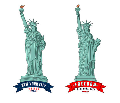 Detailed outline illustrations of a Statue of Liberty in New York City