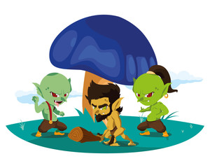 Obraz na płótnie Canvas ugly trolls with caveman gnome in the camp magic characters