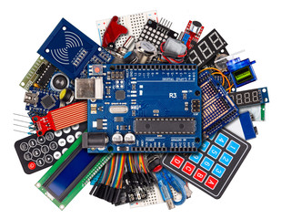 collage of microcontroller board display sensor button switches cable wire accessories and...