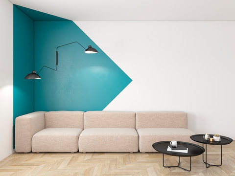 Fototapeta Empty interior with blue geometric print on the wall. Sofa, coffee table and wood floor. 3d render interior mock up.