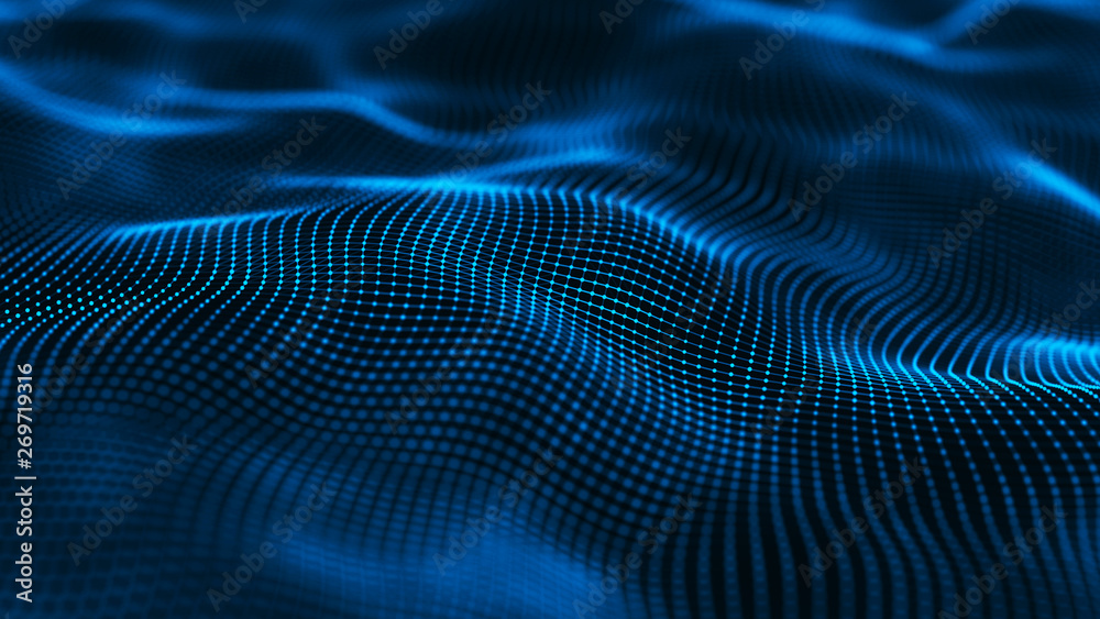 Poster wavy surface with many connected dots and lines. abstract futuristic background. 3d rendering.