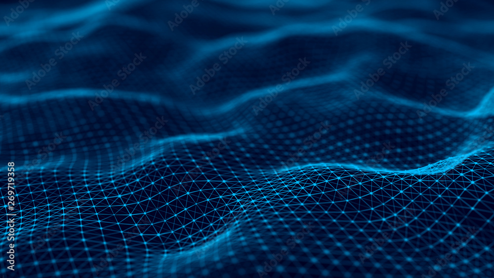 Poster wavy surface with many connected dots and lines. abstract futuristic background. 3d rendering.