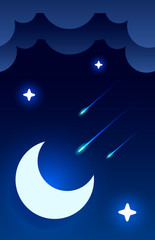 Obraz na płótnie Canvas Mystical Night sky background with half moon, clouds and stars. Moonlight night. Vector