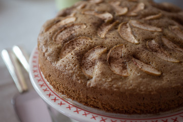 apple pie on a white plate with a red ornament