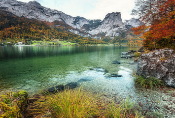 Wonderfull Nature landscape. Awesome Austrian Alps Scenery. Famouse mountain lake durring in autumn. Amazing nature background.  lake Grundlsee, Salzkammergut, Styria, Austria