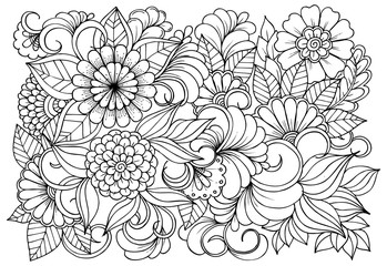 Coloring page in black and white for colouring book. Leafs and flowers  in monocrome colors. Doodles pattern vector