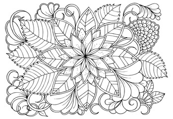 Coloring page in black and white for colouring book. Leafs and flowers  in monocrome colors. Doodles pattern vector