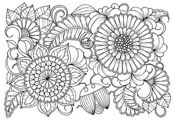 Coloring page in black and white for colouring book. Leafs and flowers  in monocrome colors. Doodles pattern vector
