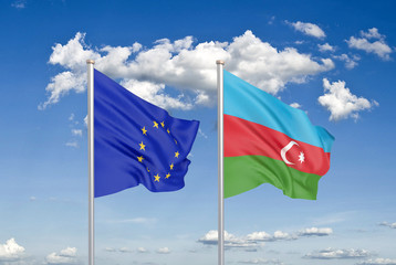 European Union vs Azerbaijan. Thick colored silky flags of European Union and Azerbaijan. 3D illustration on sky background. - Illustration