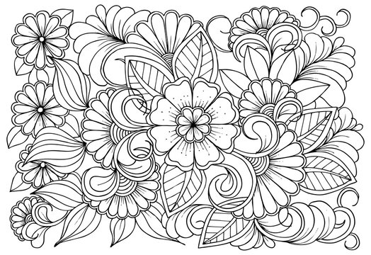 Coloring page in black and white for colouring book. Leafs and flowers  in monocrome colors. Doodles pattern vector