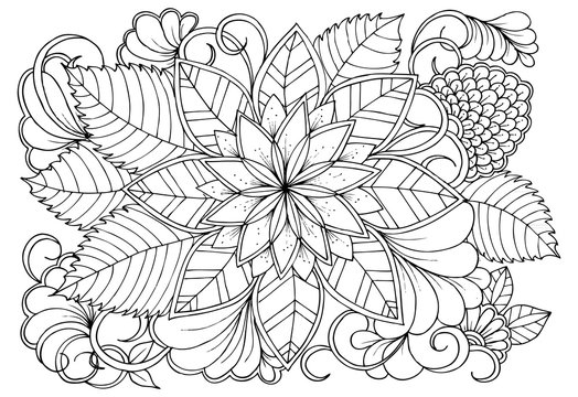 Coloring Page In Black And White For Colouring Book. Leafs And Flowers  In Monocrome Colors. Doodles Pattern Vector