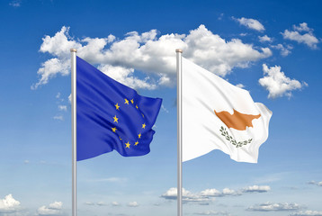 European Union vs Cyprus. Thick colored silky flags of European Union and Cyprus. 3D illustration on sky background. - Illustration