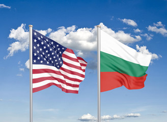 United States of America vs Bulgaria. Thick colored silky flags of America and Bulgaria. 3D illustration on sky background. - Illustration