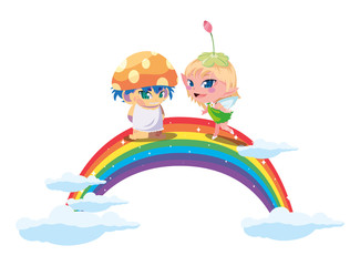 beautiful magic fairy and fungu elf with rainbow scene