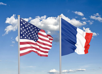 United States of America vs France. Thick colored silky flags of America and France. 3D illustration on sky background. - Illustration
