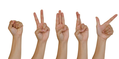 Collection hand of businessman showing various signs and symbols isolated on white, use clipping path.