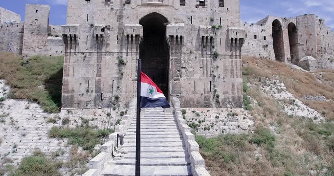 citadel of Aleppo and building destroyed with flag syrian 2019