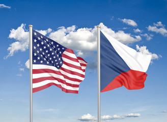United States of America vs Czech Republic. Thick colored silky flags of America and Czech Republic. 3D illustration on sky background. - Illustration