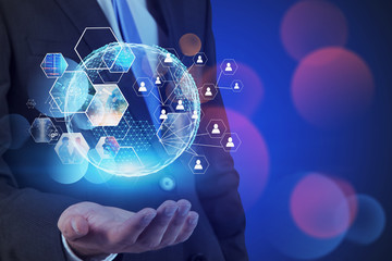 Man hand with planet hologram, social connection