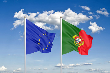 European Union vs Portugal. Thick colored silky flags of European Union and Portugalija. 3D illustration on sky background. - Illustration