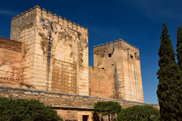 Fototapeta premium Ancient fortified Broken and Homage towers of Alcazaba military area of Alhambra fortress Granada