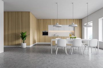 White and wood kitchen, counters and table