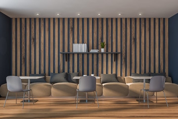 Gray and wooden cafe interior with sofas