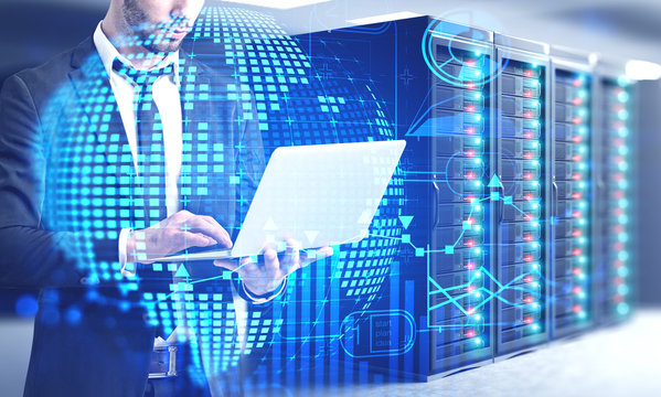 Man in server room, global business infographics
