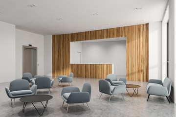 Office waiting room with elevator and reception