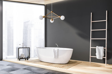Gray panoramic bathroom corner, tub and ladder
