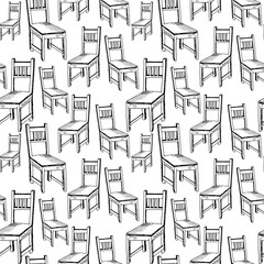 Chairs backdrop. Simple sketch of furniture, hand drawn black chairs on white background. Seamless wallpaper.