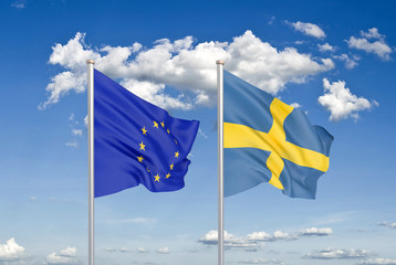 European Union vs Sweden. Thick colored silky flags of European Union and Sweden. 3D illustration on sky background. - Illustration
