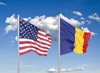 United States of America vs Romania. Thick colored silky flags of America and Romania. 3D illustration on sky background. - Illustration