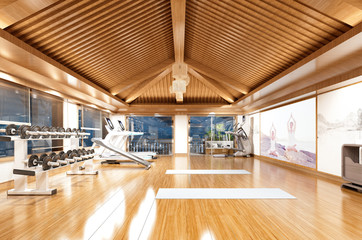 3d render fitness center wooden roof floor