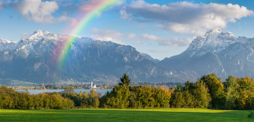Landscape Panorama with Rainbow and Mountains