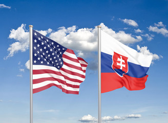United States of America vs Slovakia. Thick colored silky flags of America and Slovakia. 3D illustration on sky background. - Illustration