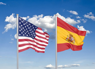 United States of America vs Spain. Thick colored silky flags of America and Spain. 3D illustration on sky background. - Illustration