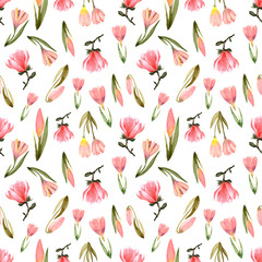 Beautiful watercolor seamless pattern with flowers and leaves of magnolia and crocus on white background. Illustration hand drawn.