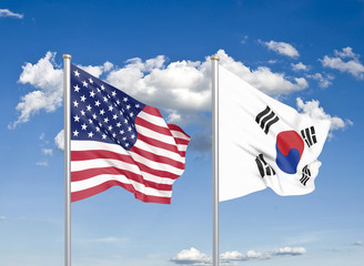 United States of America vs South Korea. Thick colored silky flags of America and South Korea. 3D illustration on sky background. - Illustration