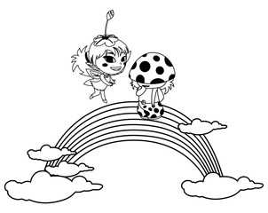 beautiful magic fairy and fungu elf with rainbow scene